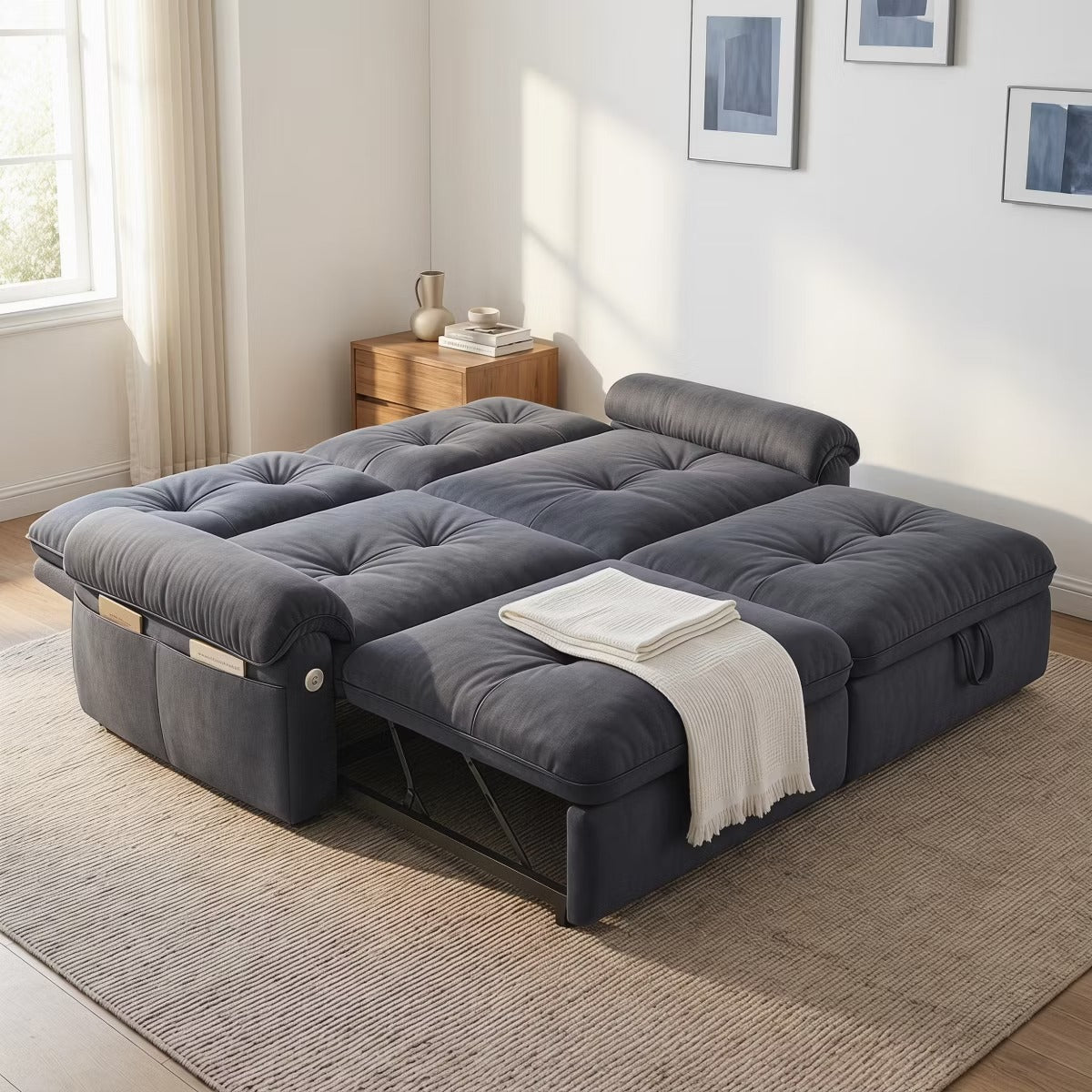 Sleeper Sofa Bed 77" with Pull-Out Steel Frame, USB Port and 600-Lb Capacity