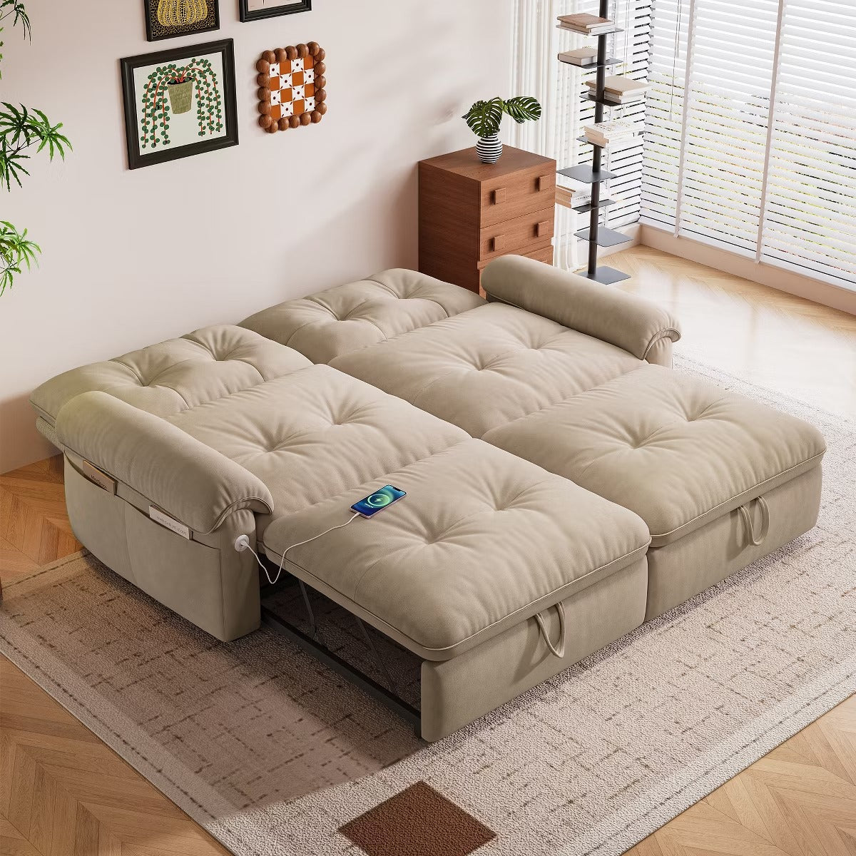 Sleeper Sofa Bed 77" with Pull-Out Steel Frame, USB Port and 600-Lb Capacity