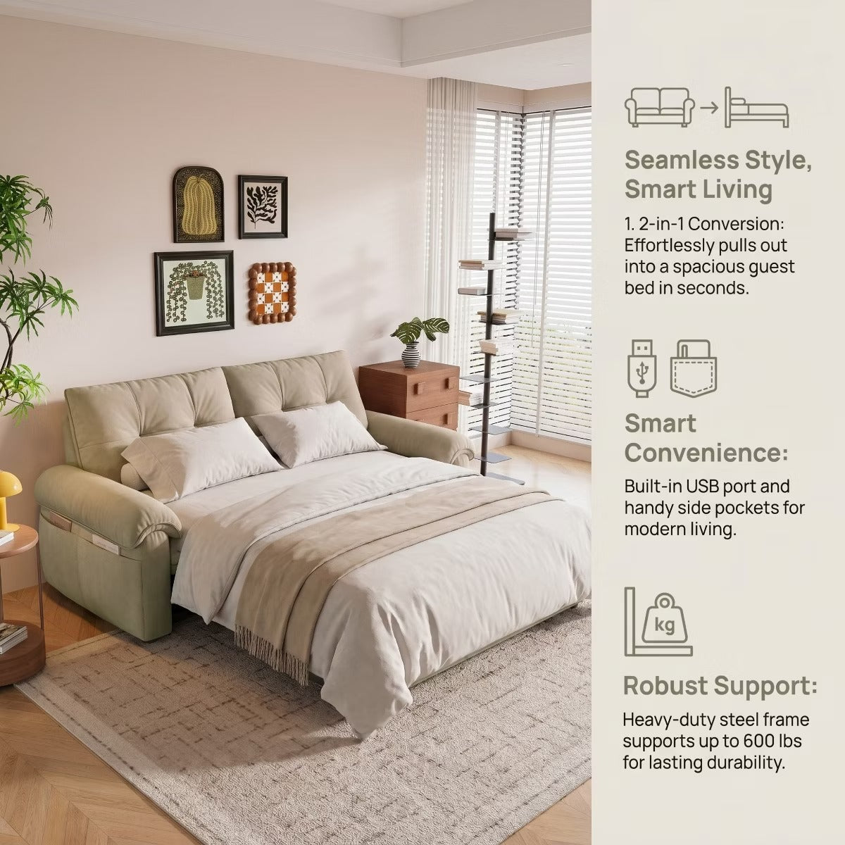 Sleeper Sofa Bed 77" with Pull-Out Steel Frame, USB Port and 600-Lb Capacity