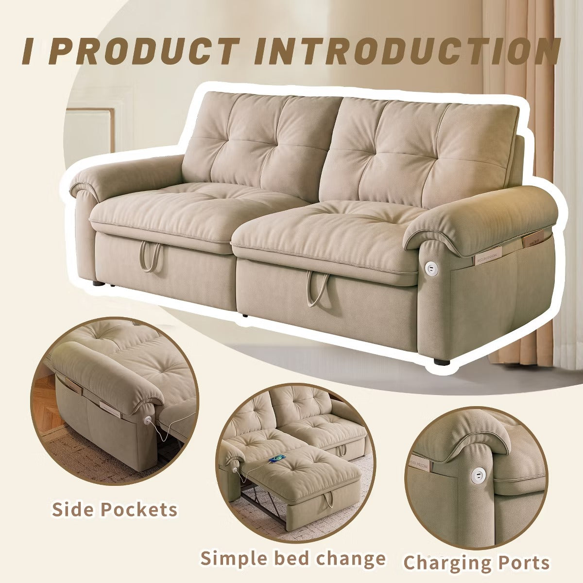 Sleeper Sofa Bed 77" with Pull-Out Steel Frame, USB Port and 600-Lb Capacity
