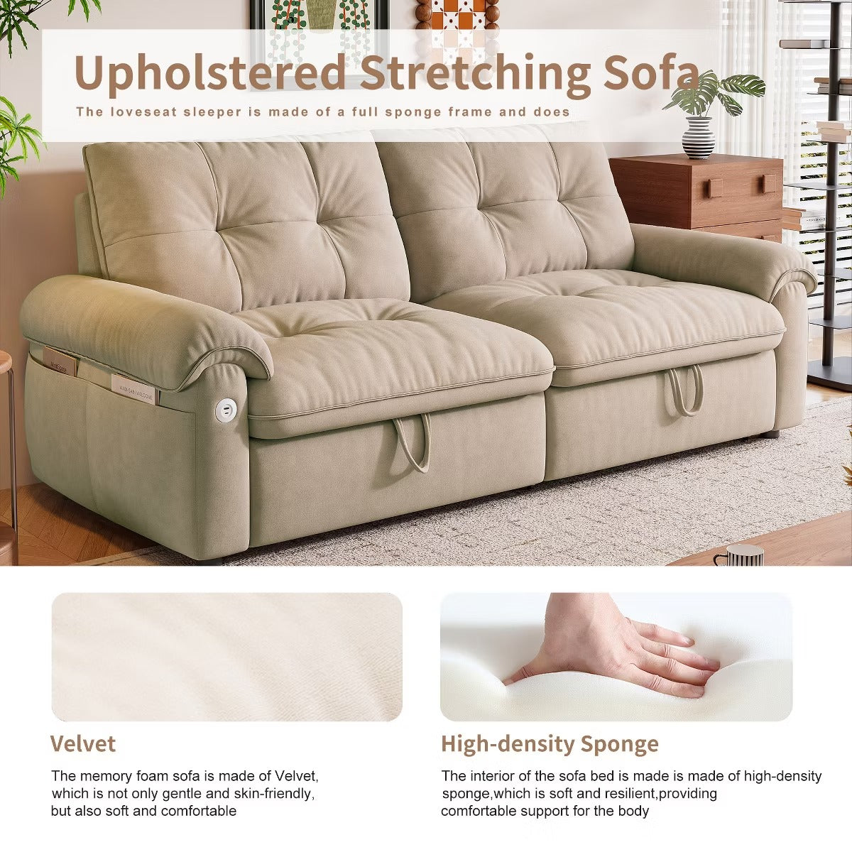 Sleeper Sofa Bed 77" with Pull-Out Steel Frame, USB Port and 600-Lb Capacity