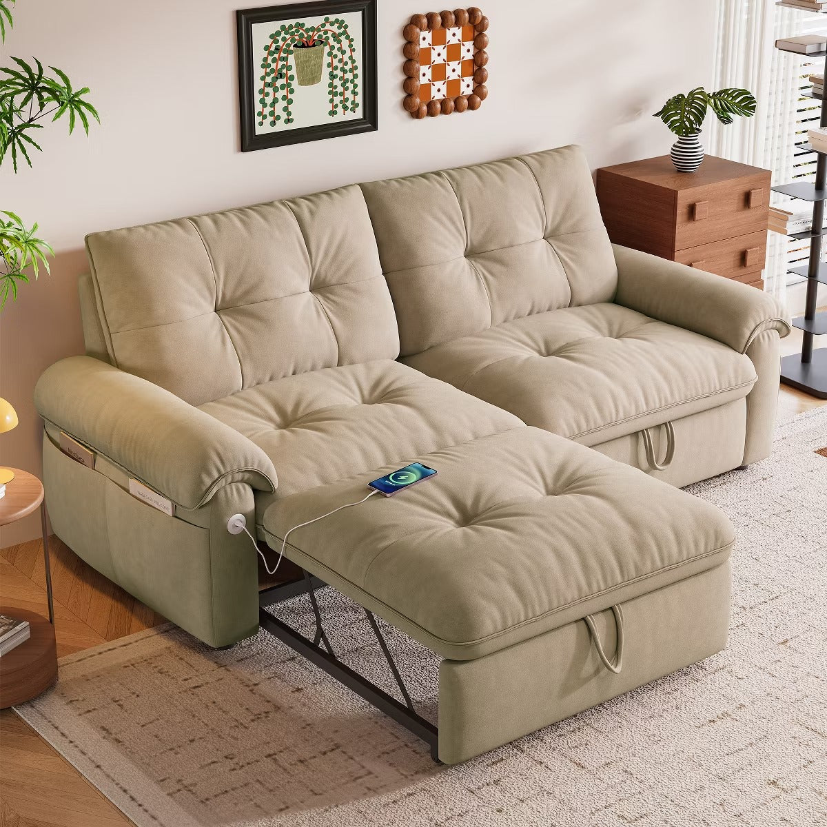 Sleeper Sofa Bed 77" with Pull-Out Steel Frame, USB Port and 600-Lb Capacity