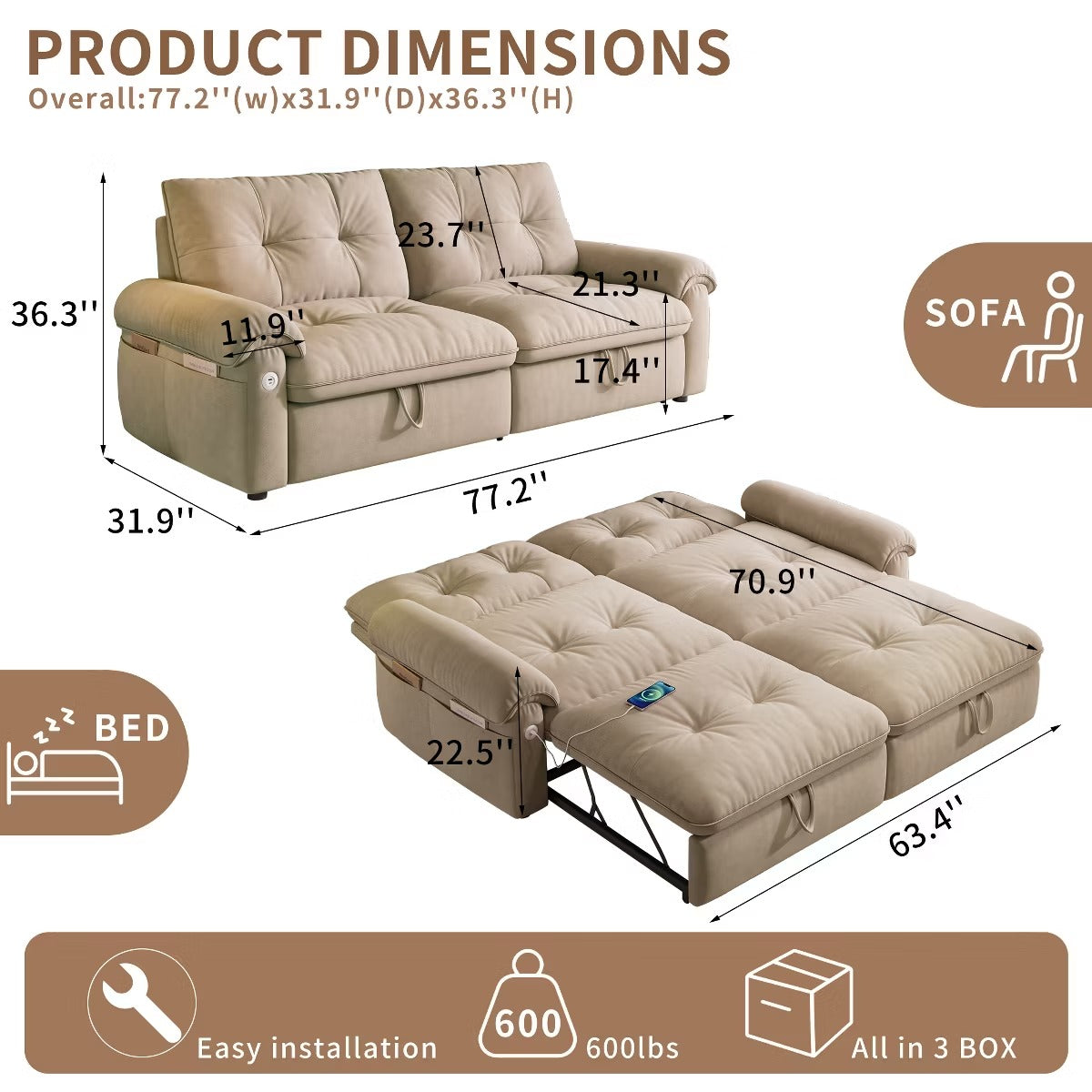 Sleeper Sofa Bed 77" with Pull-Out Steel Frame, USB Port and 600-Lb Capacity