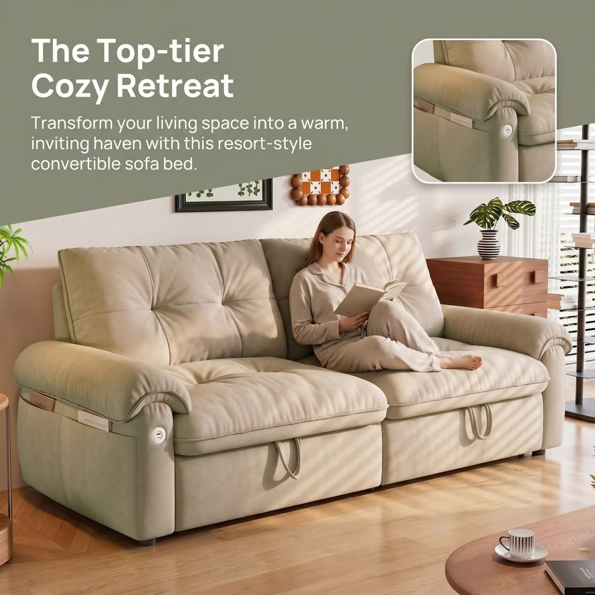 Sleeper Sofa Bed 77" with Pull-Out Steel Frame, USB Port and 600-Lb Capacity