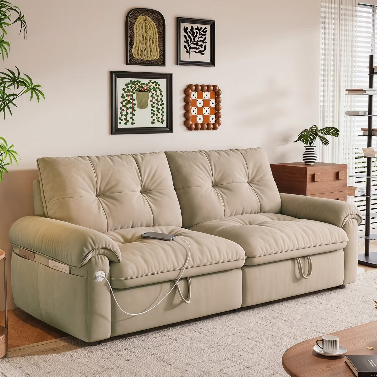 Sleeper Sofa Bed 77" with Pull-Out Steel Frame, USB Port and 600-Lb Capacity