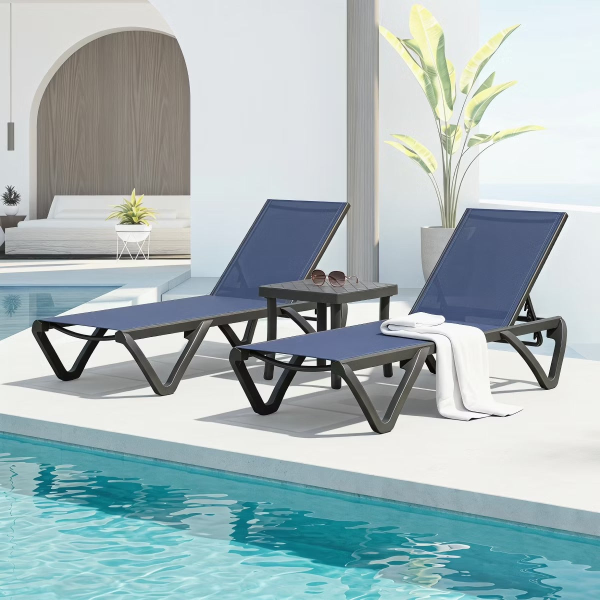 3-Piece Patio Chaise Lounge Set with 5-Position Reclining & Side Table