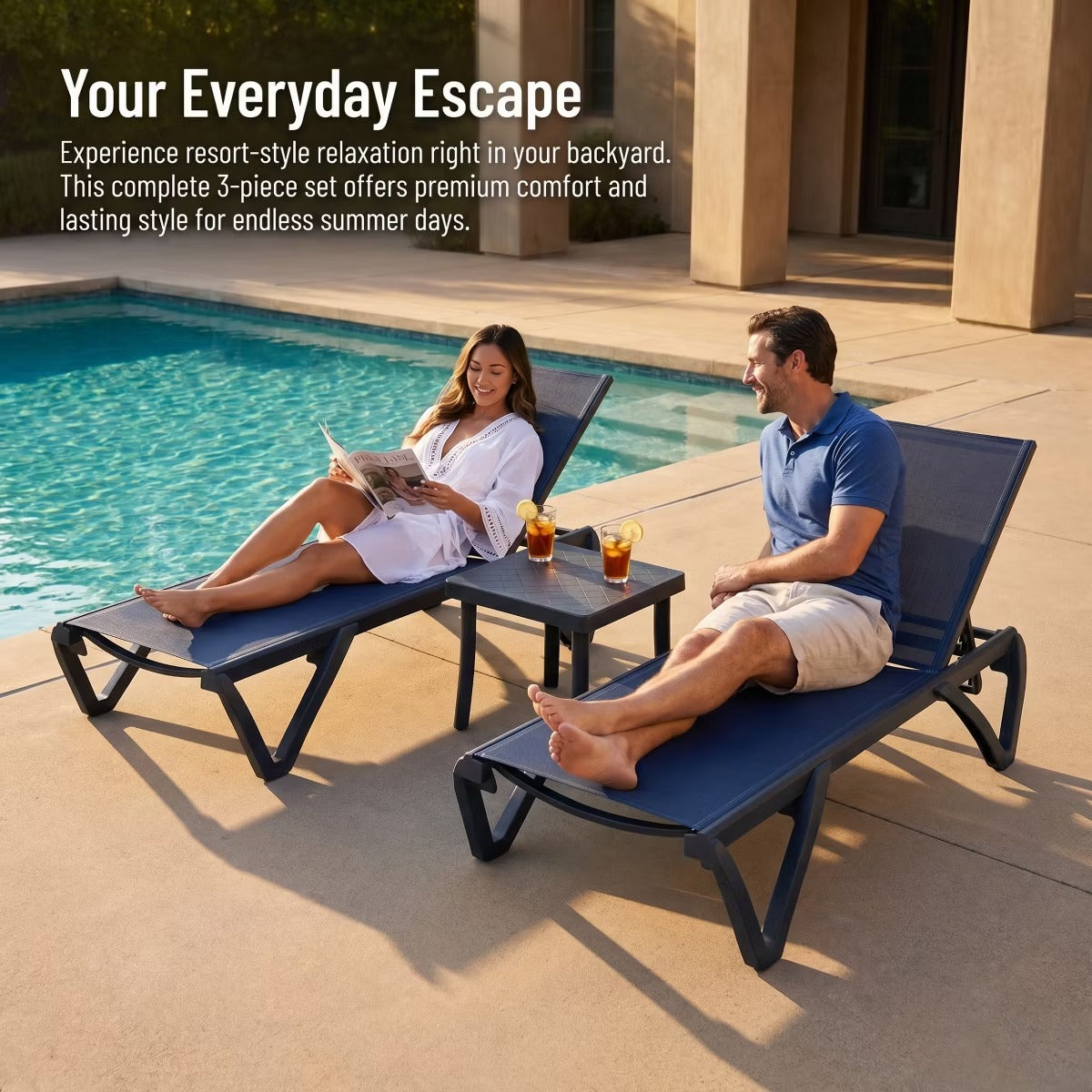 3-Piece Patio Chaise Lounge Set with 5-Position Reclining & Side Table
