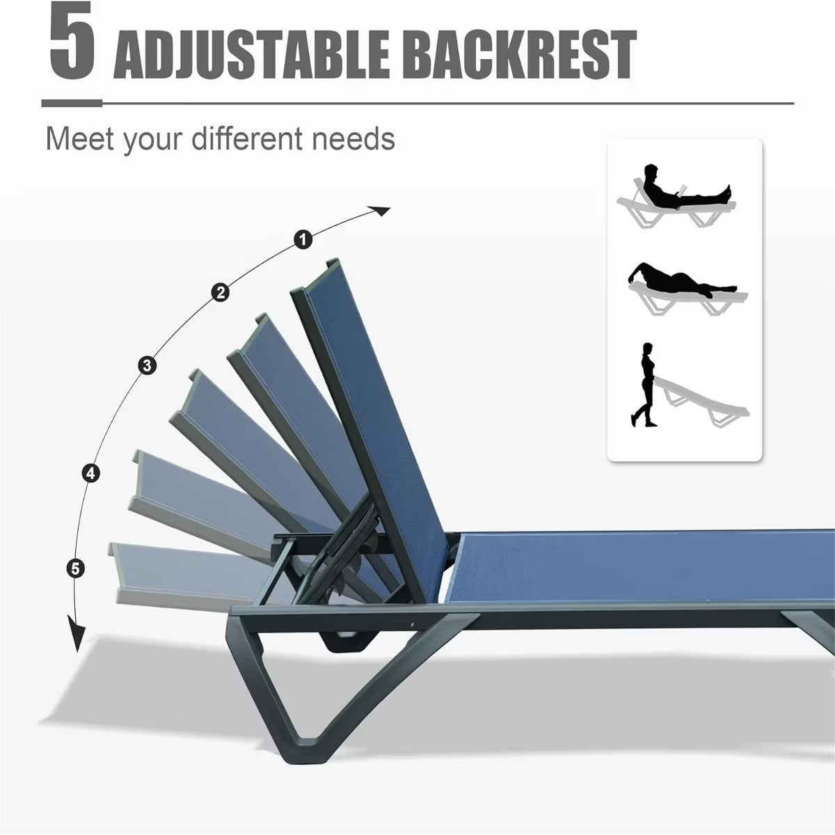 3-Piece Patio Chaise Lounge Set with 5-Position Reclining & Side Table