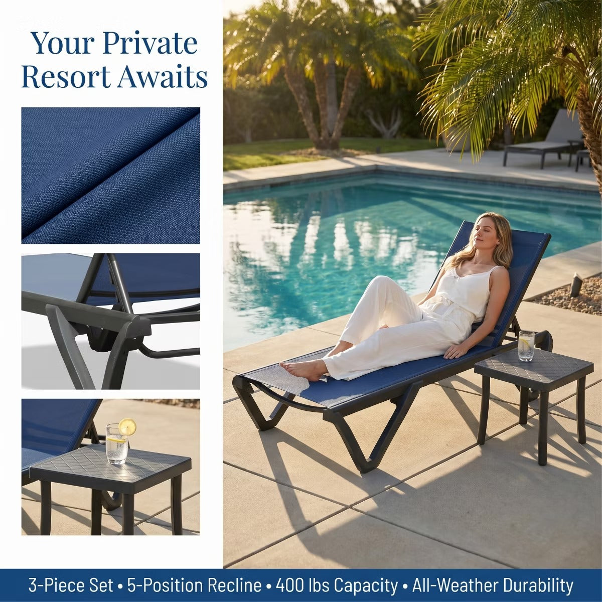 3-Piece Patio Chaise Lounge Set with 5-Position Reclining & Side Table
