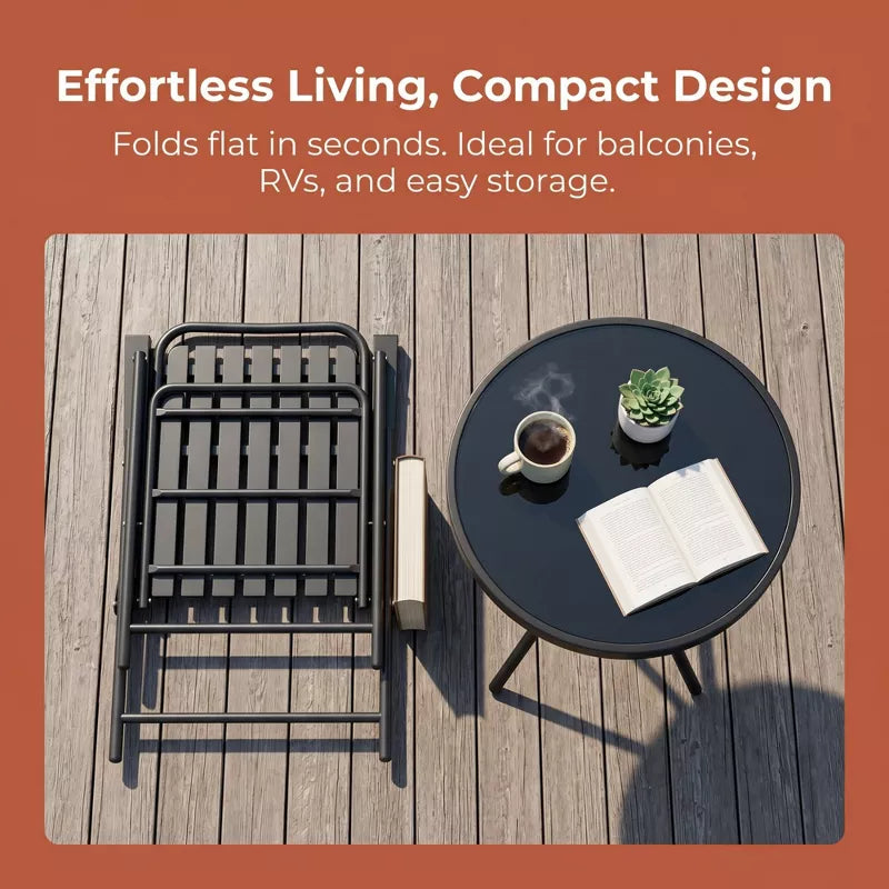 3-Piece Patio Furniture Set with Foldable Chairs & Glass Table for Small Spaces