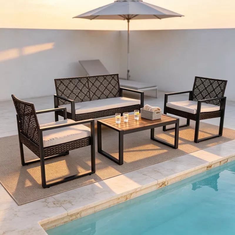 Wicker Patio Furniture Set with Acacia Wood Table and Cushioned Seating - 4PC