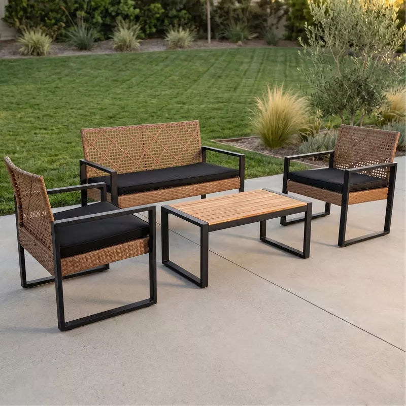 Wicker Patio Furniture Set with Acacia Wood Table and Cushioned Seating - 4PC
