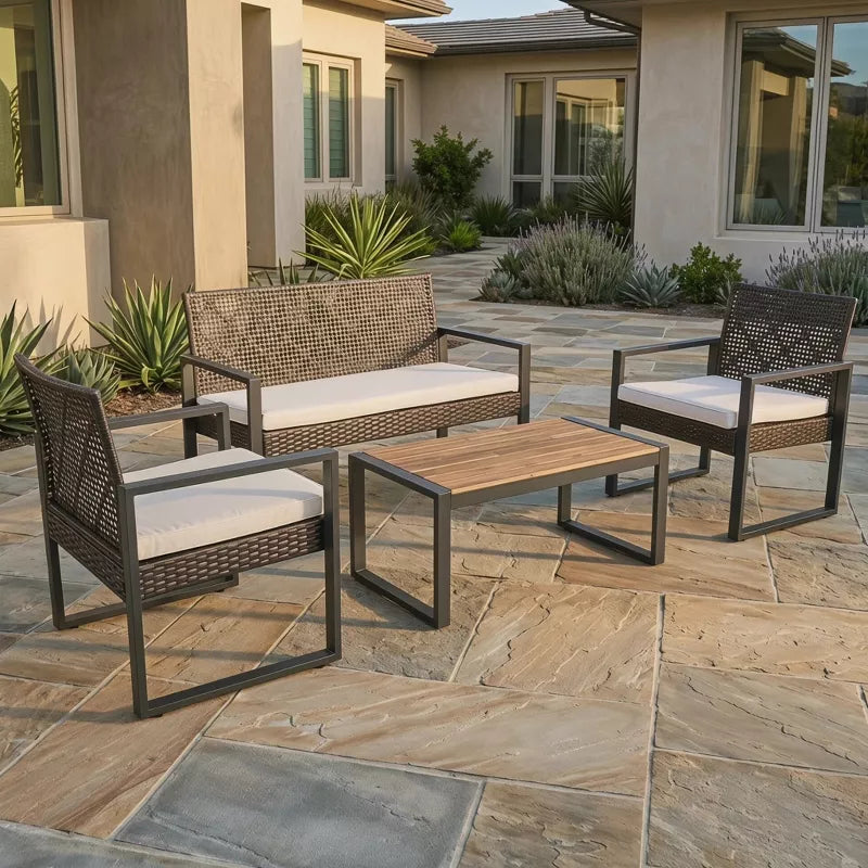 Wicker Patio Furniture Set with Acacia Wood Table and Cushioned Seating - 4PC
