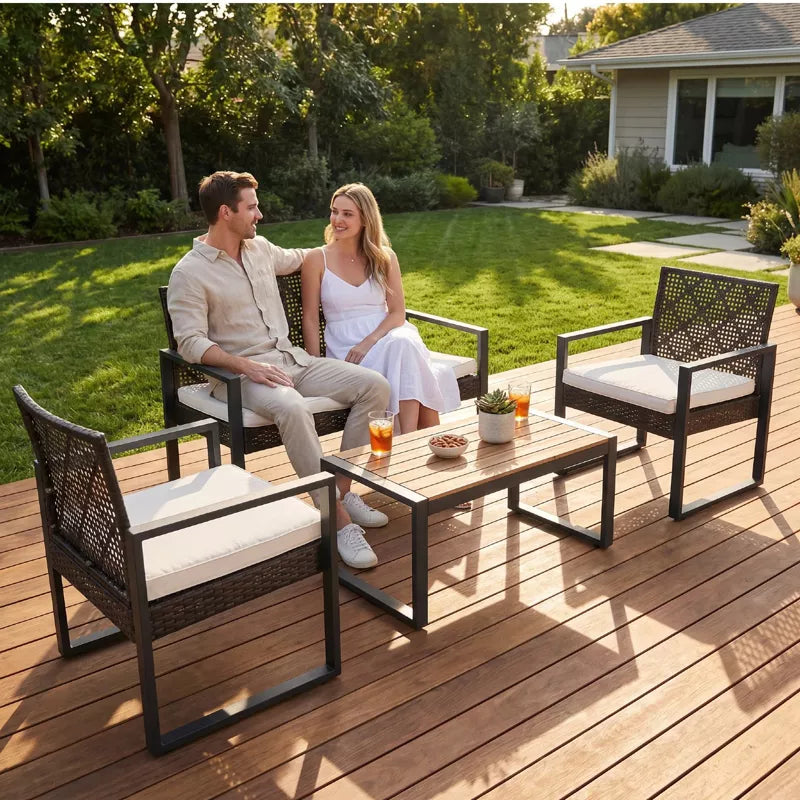 Wicker Patio Furniture Set with Acacia Wood Table and Cushioned Seating - 4PC