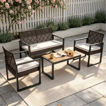 Wicker Patio Furniture Set with Acacia Wood Table and Cushioned Seating - 4PC