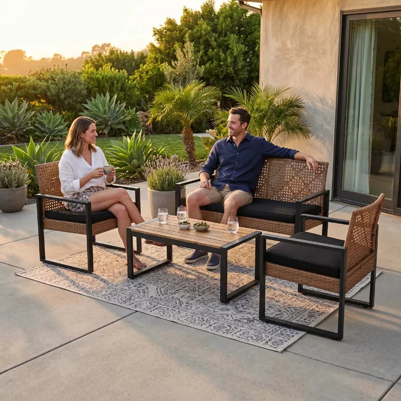 Wicker Patio Furniture Set with Acacia Wood Table and Cushioned Seating - 4PC