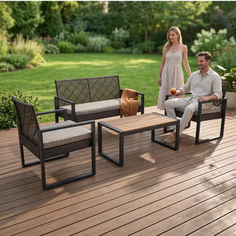 Wicker Patio Furniture Set with Acacia Wood Table and Cushioned Seating - 4PC