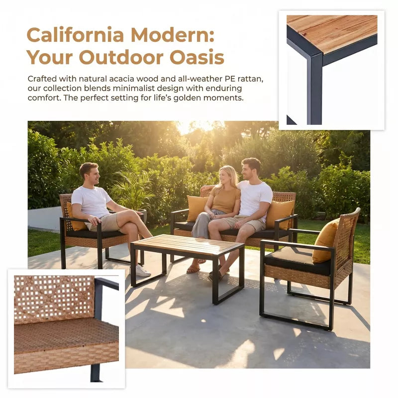 Wicker Patio Furniture Set with Acacia Wood Table and Cushioned Seating - 4PC