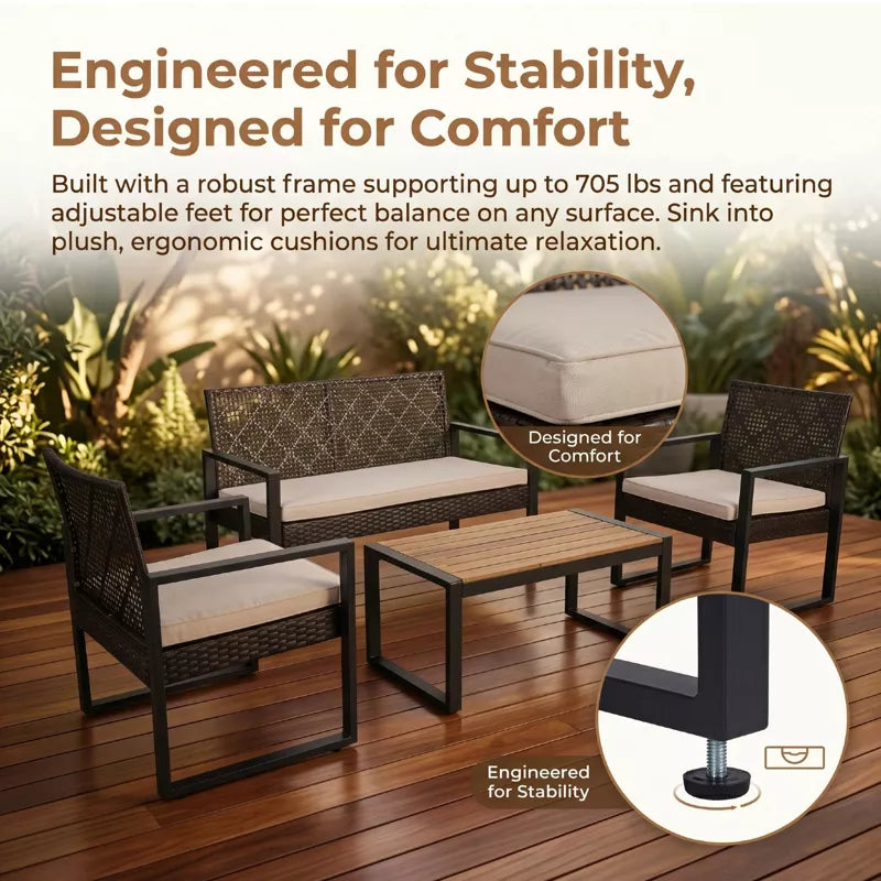 Wicker Patio Furniture Set with Acacia Wood Table and Cushioned Seating - 4PC