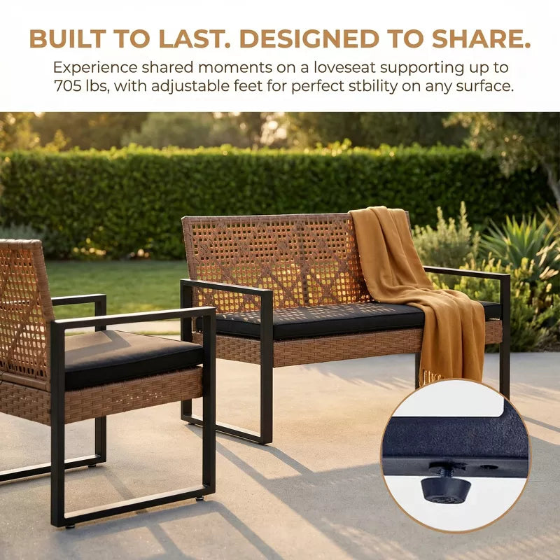 Wicker Patio Furniture Set with Acacia Wood Table and Cushioned Seating - 4PC