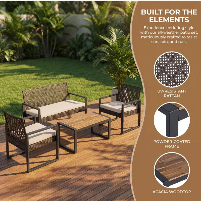 Wicker Patio Furniture Set with Acacia Wood Table and Cushioned Seating - 4PC