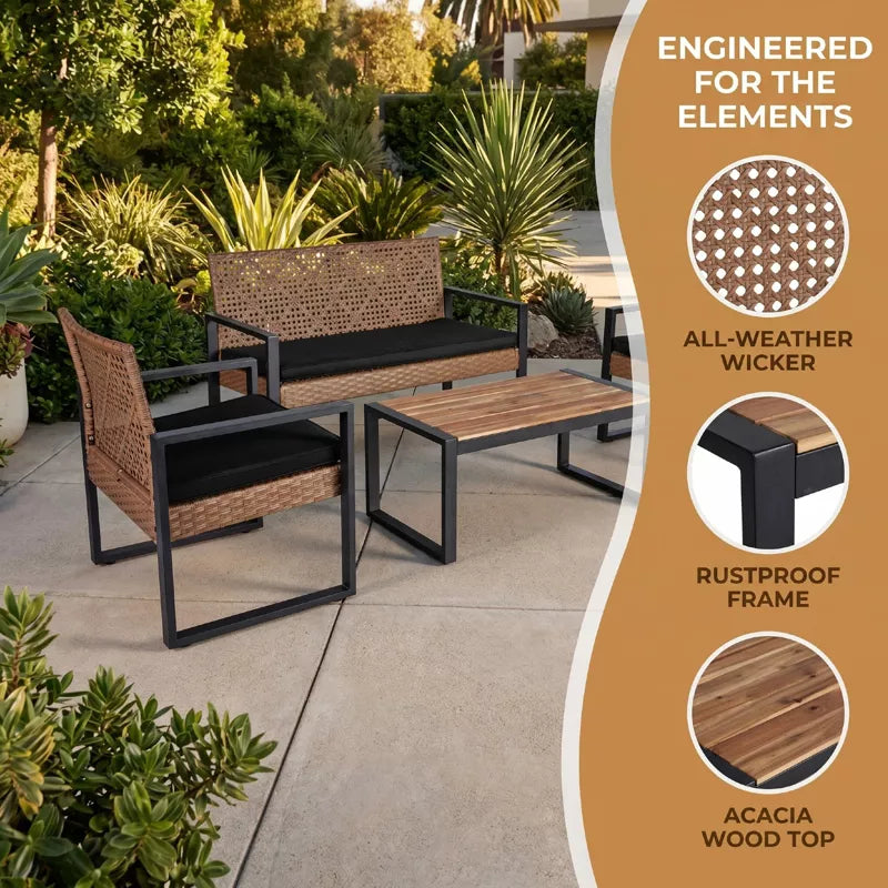 Wicker Patio Furniture Set with Acacia Wood Table and Cushioned Seating - 4PC