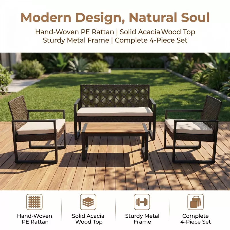 Wicker Patio Furniture Set with Acacia Wood Table and Cushioned Seating - 4PC