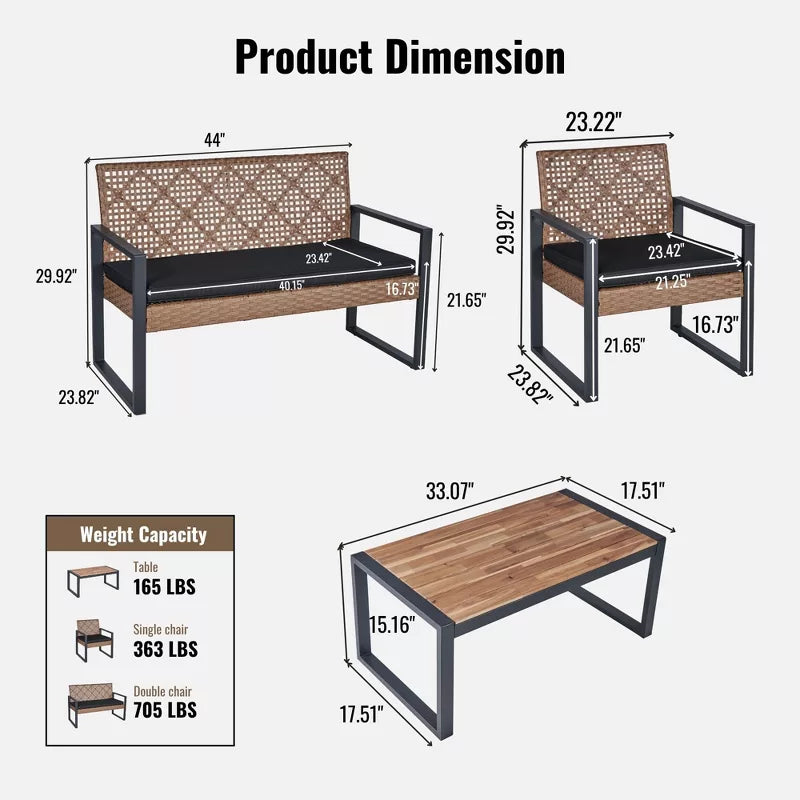 Wicker Patio Furniture Set with Acacia Wood Table and Cushioned Seating - 4PC