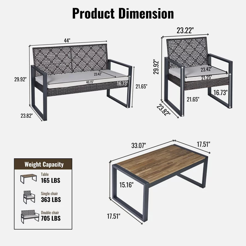 Wicker Patio Furniture Set with Acacia Wood Table and Cushioned Seating - 4PC