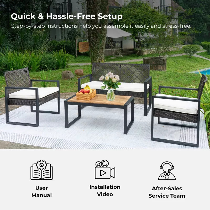 Wicker Patio Furniture Set with Acacia Wood Table and Cushioned Seating - 4PC