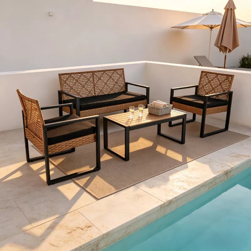 Wicker Patio Furniture Set with Acacia Wood Table and Cushioned Seating - 4PC