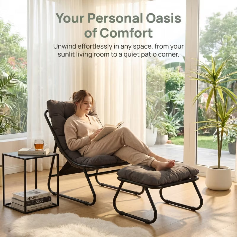 Patio Lounge Chair with Ottoman & Thick Cushion