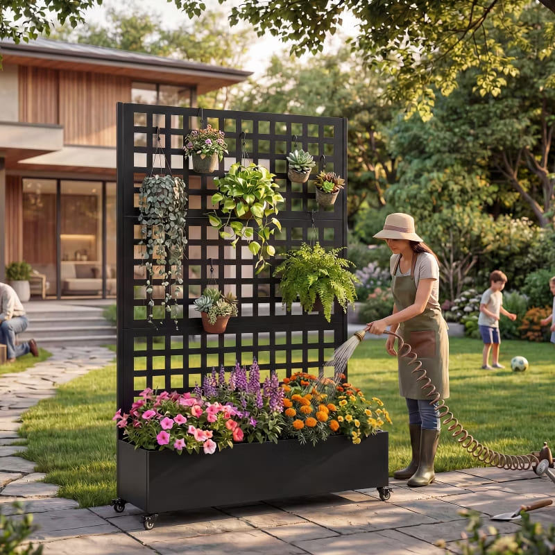 Metal Privacy Screen with Rolling Raised Garden Bed & Trellis, Built-in Drainage Holes