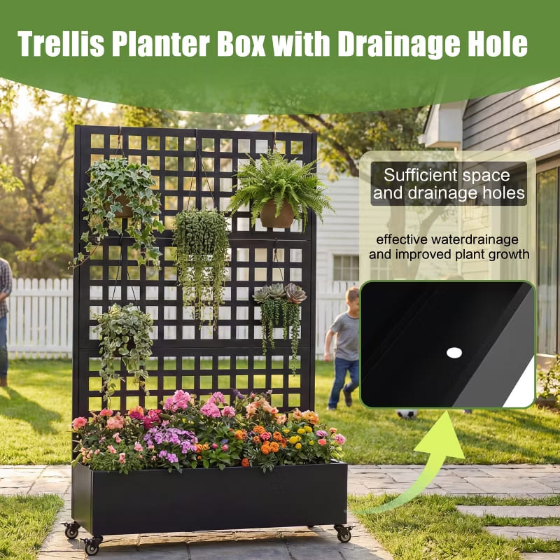 Metal Privacy Screen with Rolling Raised Garden Bed & Trellis, Built-in Drainage Holes