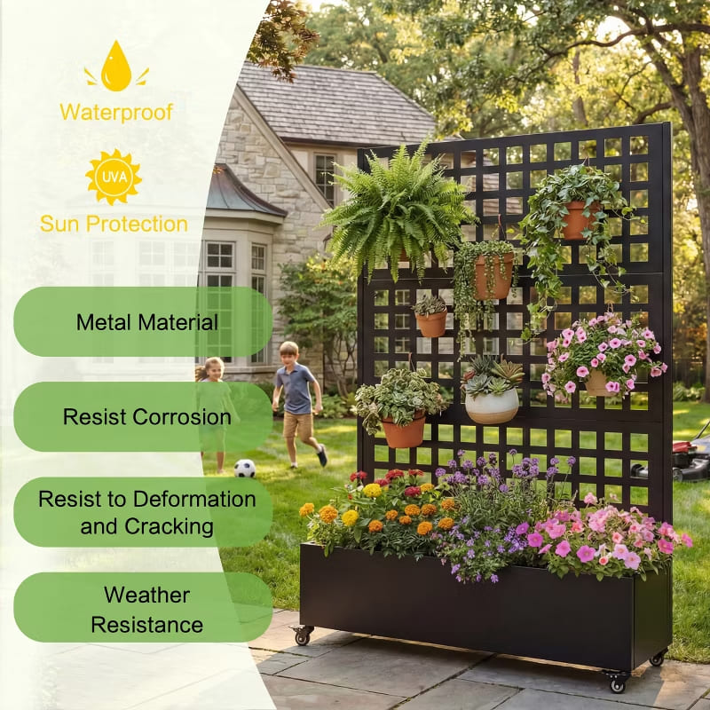 Metal Privacy Screen with Rolling Raised Garden Bed & Trellis, Built-in Drainage Holes