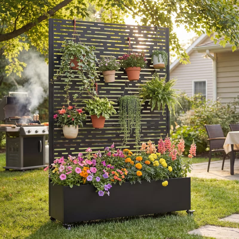 3-in-1 Raised Garden Bed with Trellis Privacy Screen & Mobile Metal Planter Box