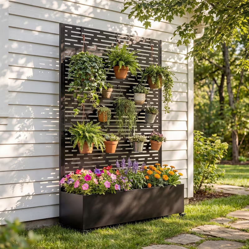 3-in-1 Raised Garden Bed with Trellis Privacy Screen & Mobile Metal Planter Box