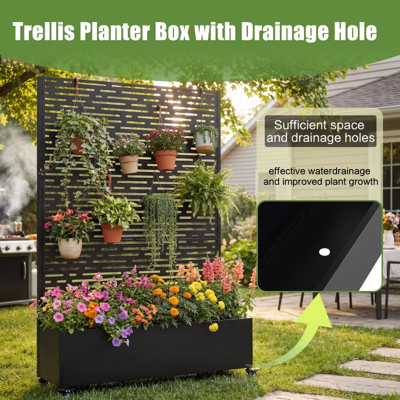 3-in-1 Raised Garden Bed with Trellis Privacy Screen & Mobile Metal Planter Box