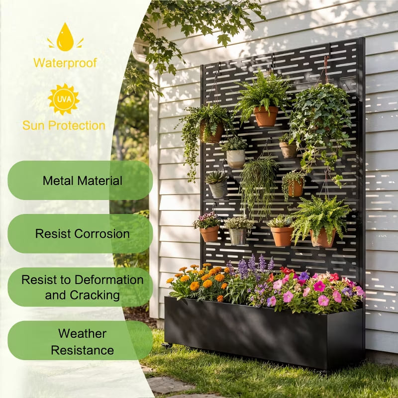 3-in-1 Raised Garden Bed with Trellis Privacy Screen & Mobile Metal Planter Box