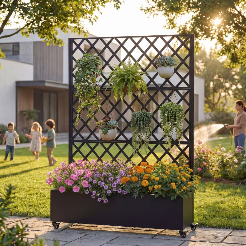 Outdoor Mobile Planter Box with Privacy Screen for Climbing Vegetables, Vines & Flowers