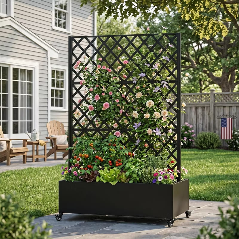 Outdoor Mobile Planter Box with Privacy Screen for Climbing Vegetables, Vines & Flowers