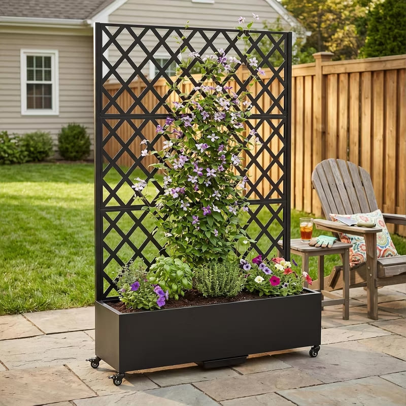 Outdoor Mobile Planter Box with Privacy Screen for Climbing Vegetables, Vines & Flowers