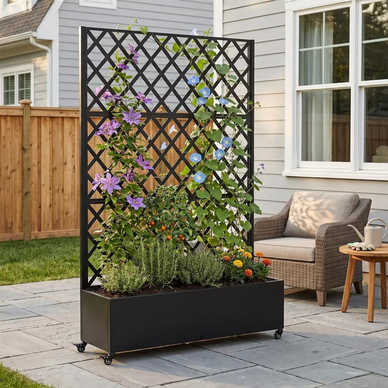 Outdoor Mobile Planter Box with Privacy Screen for Climbing Vegetables, Vines & Flowers