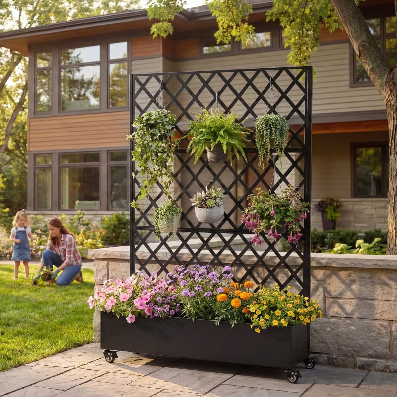 Outdoor Mobile Planter Box with Privacy Screen for Climbing Vegetables, Vines & Flowers