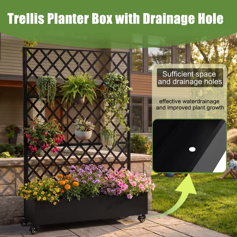 Outdoor Mobile Planter Box with Privacy Screen for Climbing Vegetables, Vines & Flowers