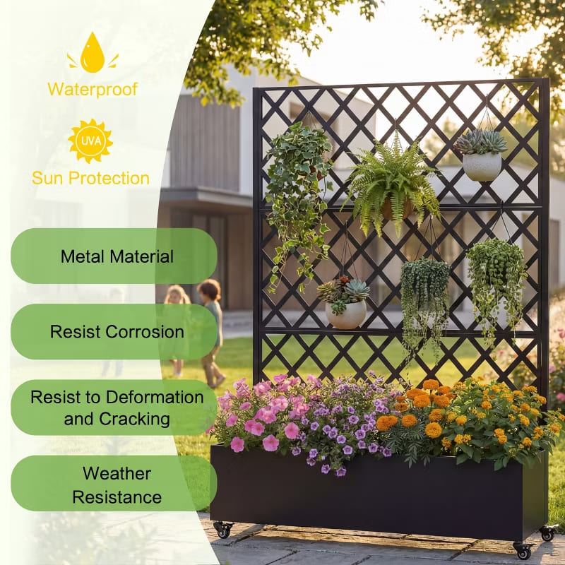 Outdoor Mobile Planter Box with Privacy Screen for Climbing Vegetables, Vines & Flowers