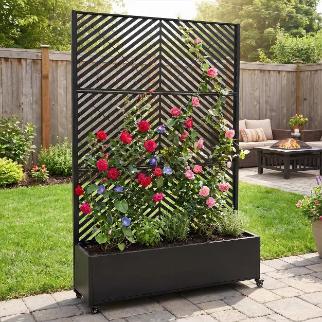 Metal Raised Garden Bed with Trellis & Privacy Screen, Large Planter Box on Wheel