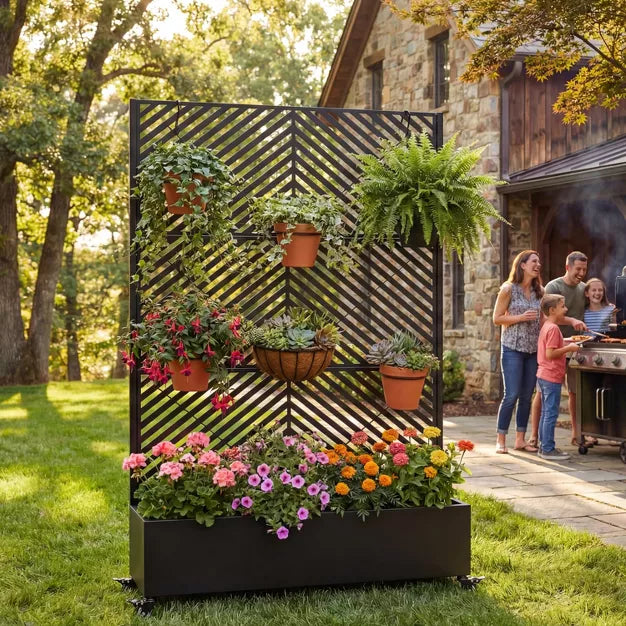 Metal Raised Garden Bed with Trellis & Privacy Screen, Large Planter Box on Wheel