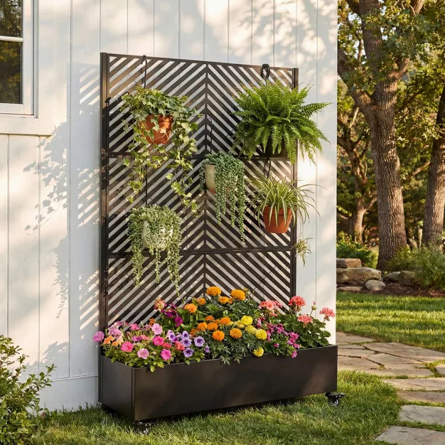Metal Raised Garden Bed with Trellis & Privacy Screen, Large Planter Box on Wheel