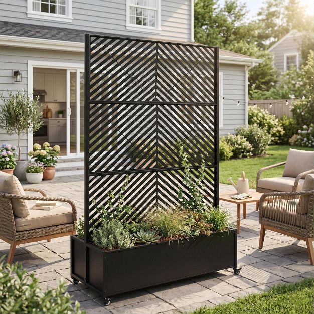 Metal Raised Garden Bed with Trellis & Privacy Screen, Large Planter Box on Wheel